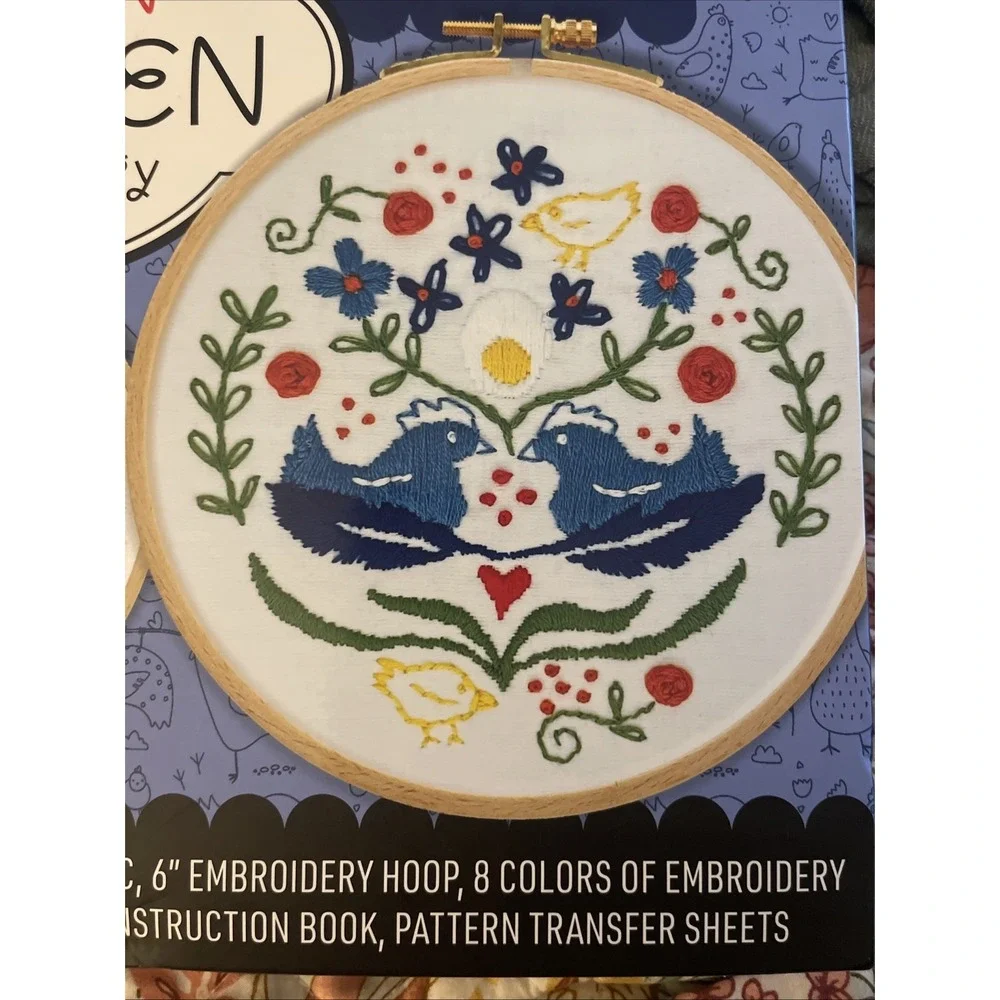 Stitchin' Chicken Embroidery Kit Folk‎ Art Craft Hobby Gift DIY Decor Hen Birds